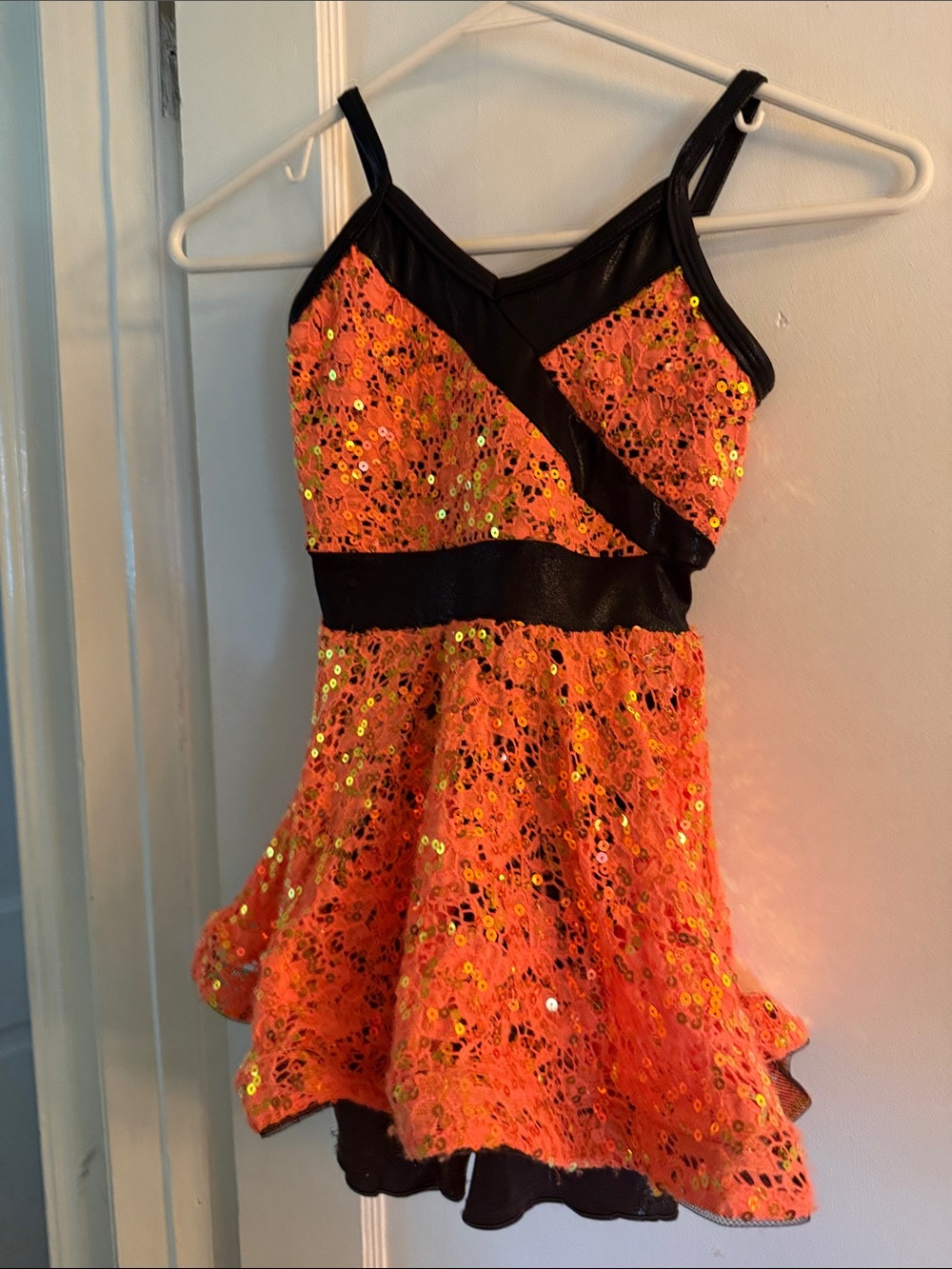 Kids Orange Sequin Dance Costume with Black Trim